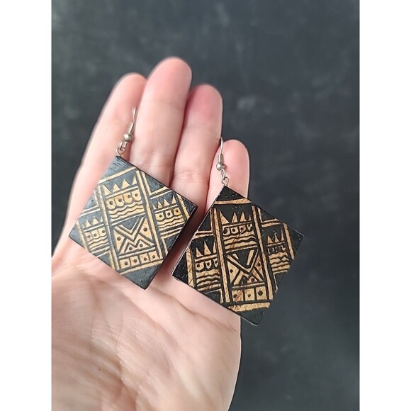 Handpainted Bohemian Wooden Square Shaped Dangling Earrings Vintage NOS - Picture 2 of 10